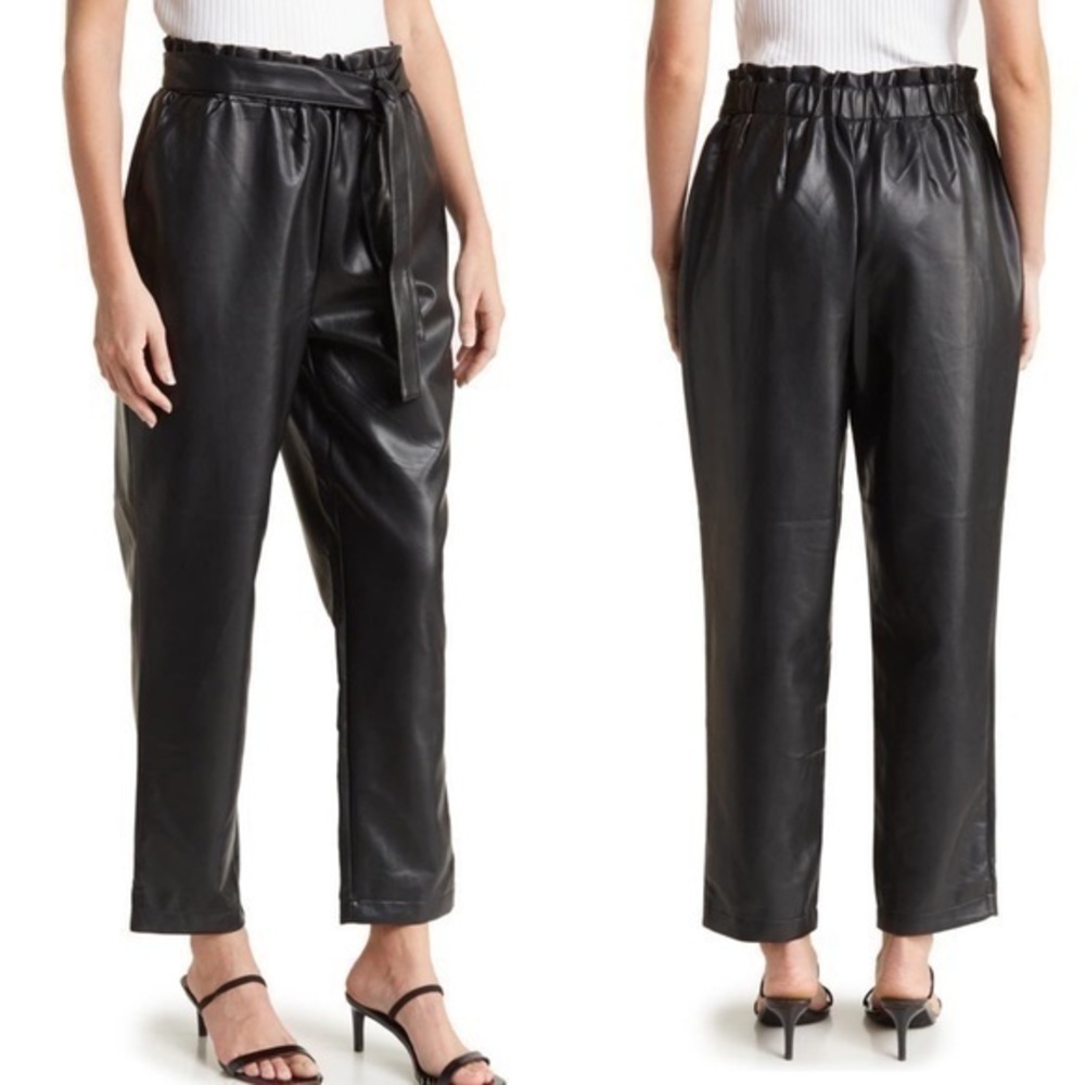 High-Rise Faux Leather Paperbag Pants - Black